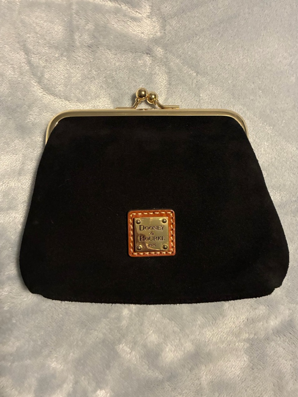Dooney & Bourke Black Suede Kiss-Lock Wristlet Clutch with Gold Trim